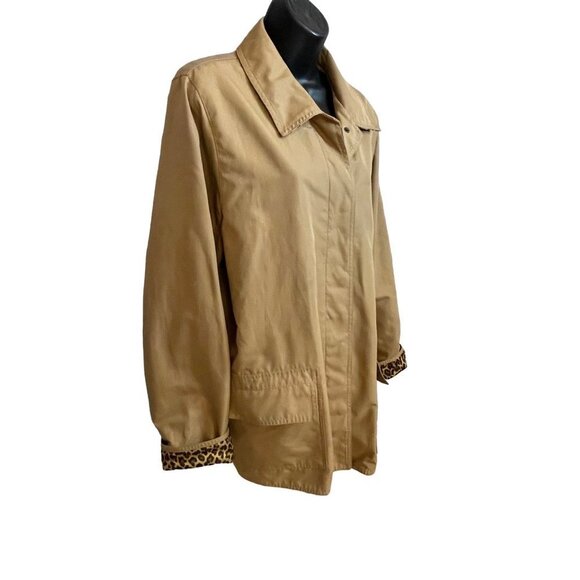 Dennis Basso Tan Mid Length Trench Coat Animal Print Trim Sz L - Picture 3 of 10